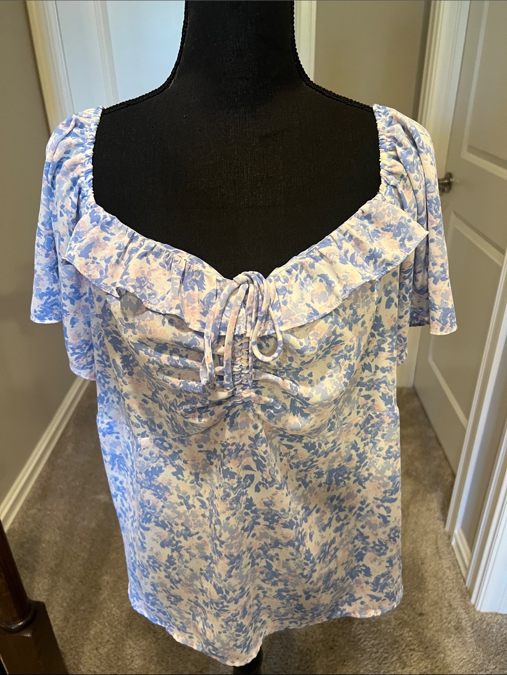 Lush Blue and Cream Floral Ruffle Tie-Front Blouse